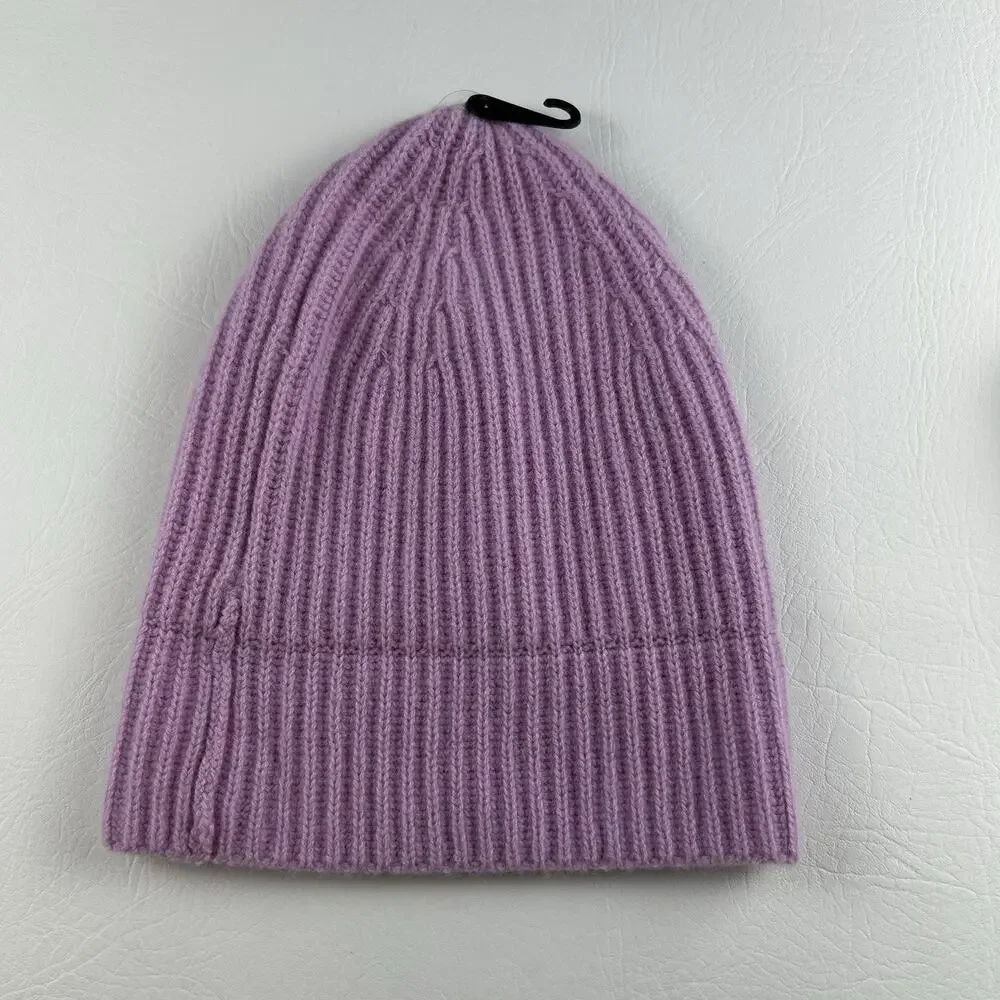 100% Cashmere Violet Ribbed Knit Beanie Cuffed Winter Hat Women’s